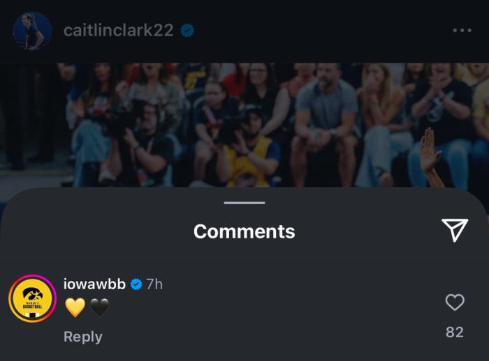 Iowa Hawkeyes' comment on Caitlin Clark's Instagram post.