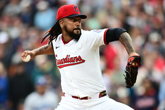 May 28, 2025; Cleveland, Ohio, USA; Cleveland Guardians relief pitcher Emmanuel Clase (48) throws a pitch during the ninth inning against the Los Angeles Dodgers at Progressive Field.