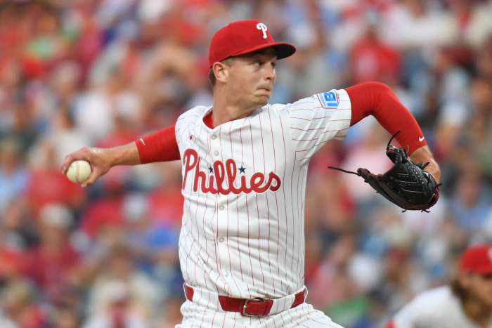 Jun 10, 2025; Philadelphia, Pennsylvania, USA; Philadelphia Phillies pitcher Mick Abel (40) throws a pitch during the fourth inning against the Chicago Cubs at Citizens Bank Park.