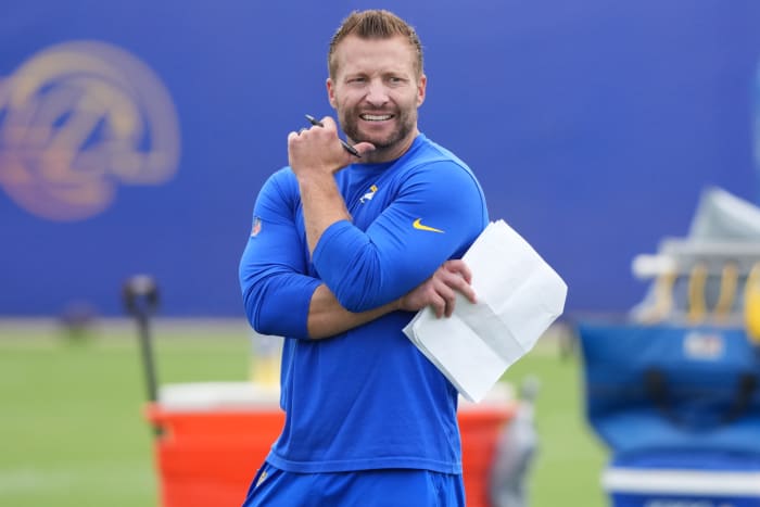 Los Angeles Rams head coach Sean McVay watches offensive drills during organized team activities at Rams Practice Facility.