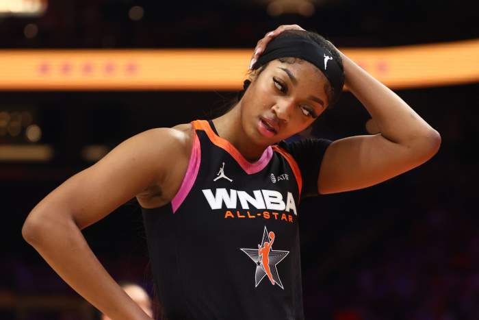 Chicago Sky player Angel Reese reacts during the 2024 WNBA All-Star Game.