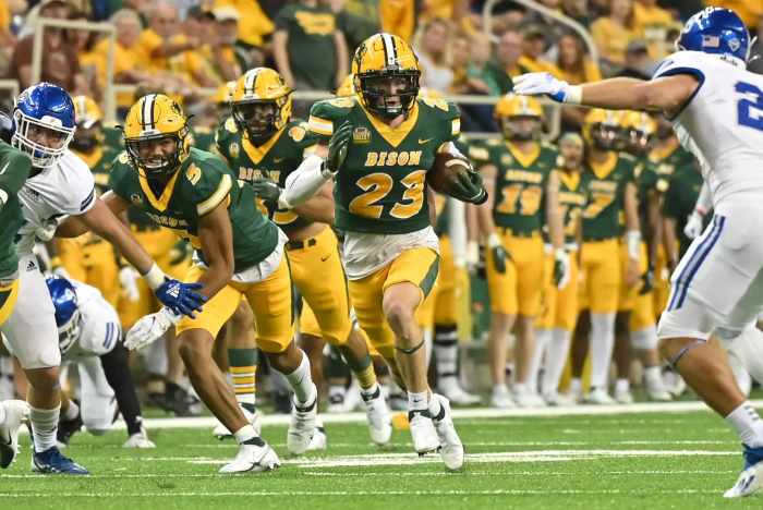 Cornerback Jayden Price of North Dakota State returns an interception. Credit:North Dakota State Bison/gobison.com