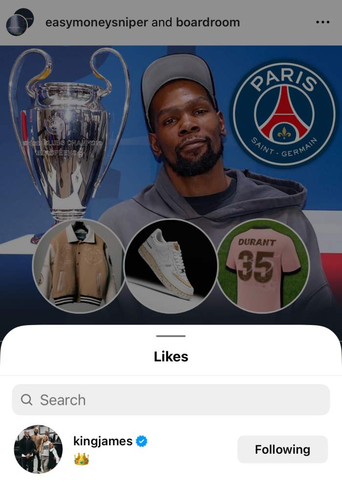 Los Angeles Lakers forward LeBron James likes a post from Phoenix Suns forward Kevin Durant.