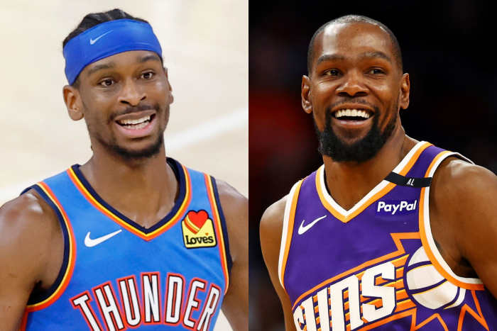 Oklahoma City Thunder guard Shai Gilgeous-Alexander (left) and Phoenix Suns forward Kevin Durant (right).