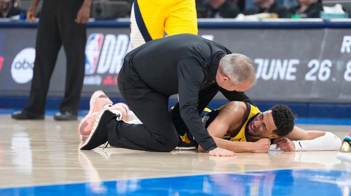 Indiana Pacers guard Tyrese Haliburton reacts after suffering an injury against the Oklahoma City Thunder during Game 7 of the 2025 NBA Finals at Paycom Center on June 22, 2025.