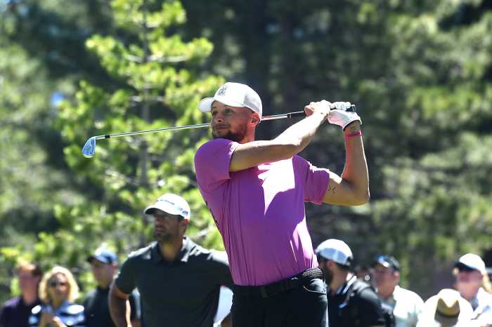 Steph Curry tees off during the American Century Championship at the Edgewood Tahoe Golf Course.