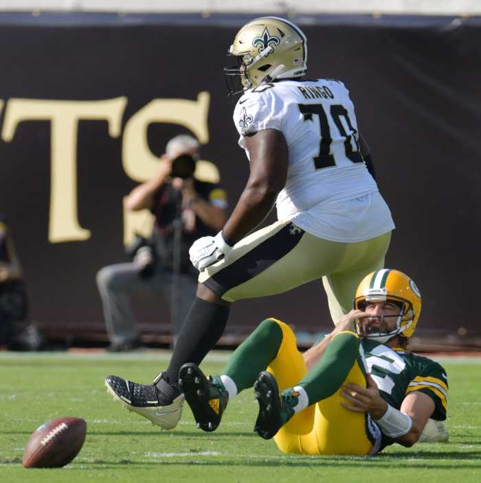 September 12, 2021; New Orleans Saints defensive end Christian Ringo (70) celebrates after a sack of Green Bay Packers quarterback Aaron Rodgers (12). Credit: © Bob Self/Florida Times-Union via Imagn Content Services, LLC