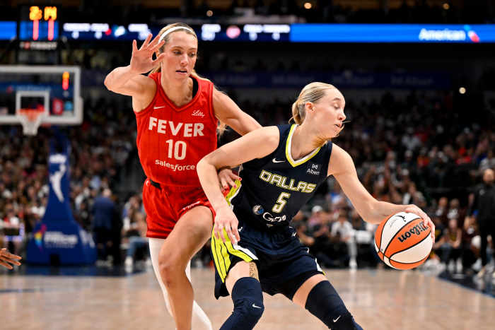Dallas Wings guard Paige Bueckers (5) and Indiana Fever guard Lexie Hull (10).