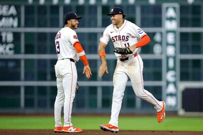 Houston Astros shortstop Jeremy Pena (3) and right fielder Cam Smith (11).