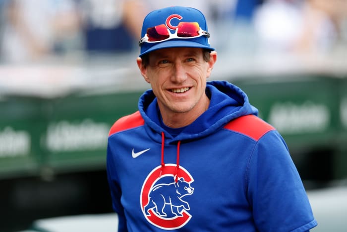 Chicago Cubs manager Craig Counsell (11) smiles before a game between the Cubs and Arizona Diamondbacks at Wrigley Field.