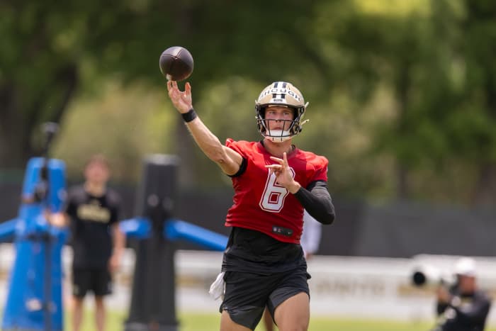 Jun 10, 2025; New Orleans, LA, USA; New Orleans Saints quarterback Tyler Shough (6)