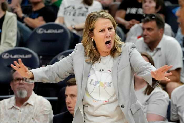 Minnesota Lynx head coach Cheryl Reeve questions a call by a referee for the Los Angeles Sparks in the second quarter at Target Center.