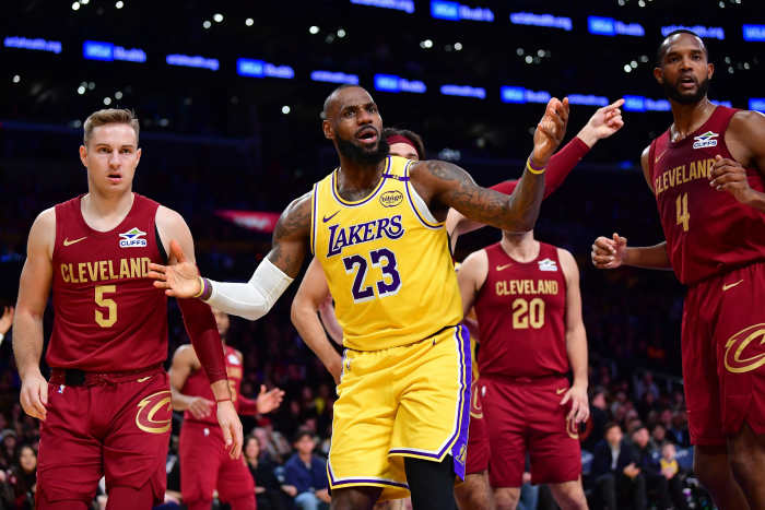 Los Angeles Lakers forward LeBron James (23) reacts during the first half at Crypto.com Arena. Mandatory Credit: Gary A. Vasquez-Imagn Images