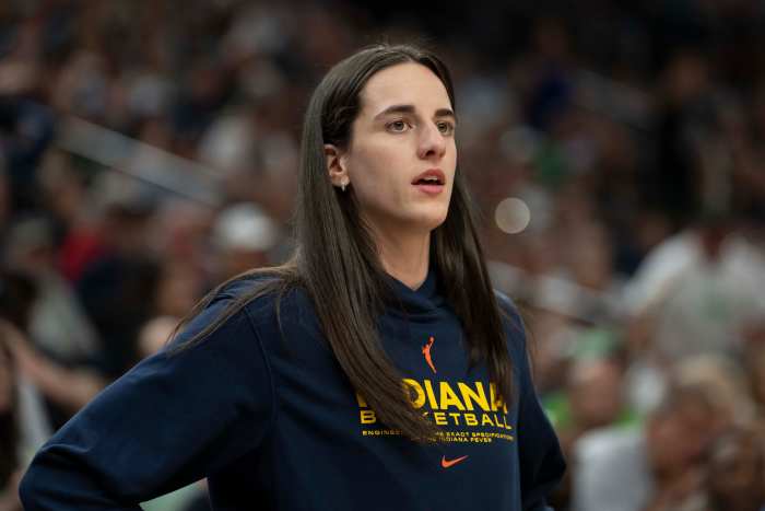 Indiana Fever guard Caitlin Clark (22) looks on against the Minnesota Lynx.
