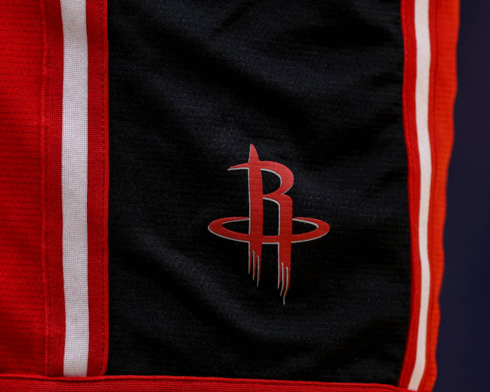 Detailed view of the Houston Rockets logo during warm ups before the game against the New Orleans Pelicans at Smoothie King Center.