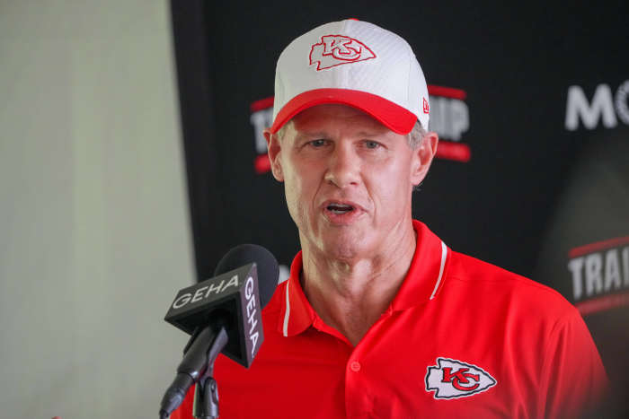 Kansas City Chiefs owner Clark Hunt talks with media
