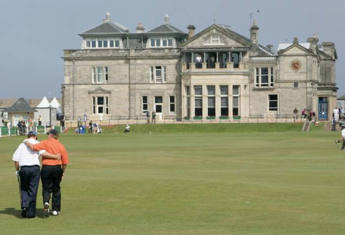Tom Watson and Jack Nicklaus walk arm-in-arm up the 18th at St. Andrews; July 12, 2005; St. Andrews, Scotland
