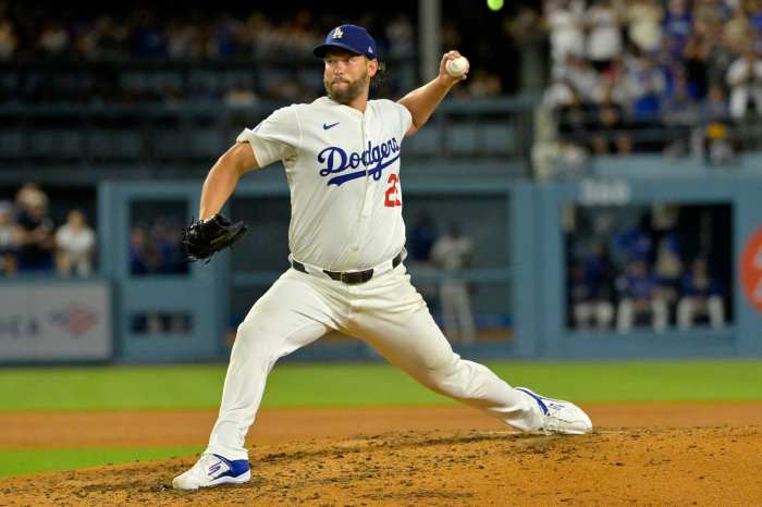 Los Angeles Dodgers starting pitcher Clayton Kershaw (22) throws the pitch for his 3000th strikeout during the fifth inning against the Chicago White Sox at Dodger Stadium.