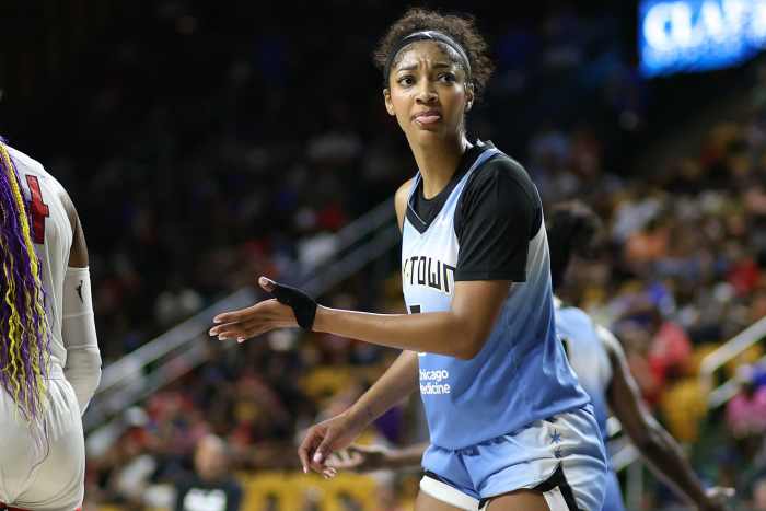 Chicago Sky forward Angel Reese (5) looks on during the first half against the Washington Mystics.