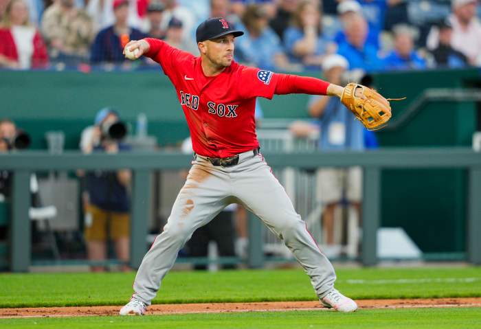 Boston Red Sox third baseman Alex Bregman (2) throws to second base against the Kansas City Royals at Kauffman Stadium.