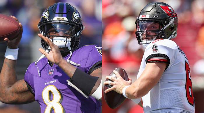 Ravens QB Lamar Jackson and Buccaneers QB Baker Mayfield