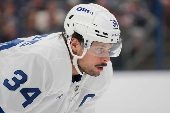 Toronto Maple Leafs center Auston Matthews (34) awaits the faceoff against the Columbus Blue Jackets at Nationwide Arena.