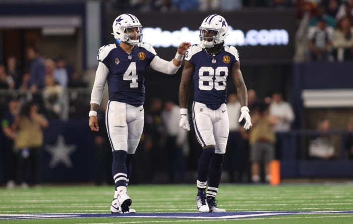 Dallas Cowboys quarterback Dak Prescott (left) and wide receiver CeeDee Lamb (right).