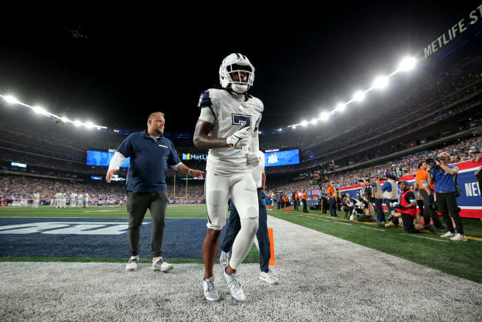Dallas Cowboys cornerback Trevon Diggs (7) leaves the field after an injury during the fourth quarter against the New York Giants at MetLife Stadium.