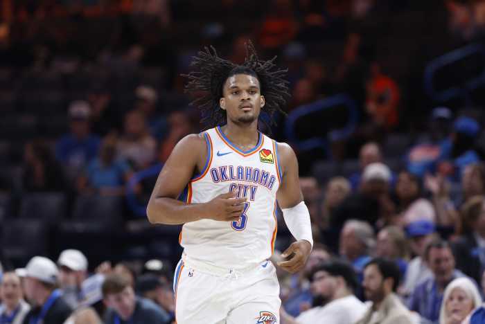 Oklahoma City Thunder forward Dillon Jones (3) runs down the court between plays against the Houston Rockets during the second half at Paycom Center.
