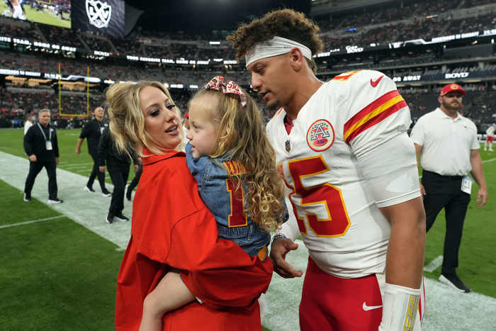 Chiefs quarterback Patrick Mahomes and his wife, Brittany Mahomes, and daughter, Sterling Mahomes on Oct. 27, 2024.