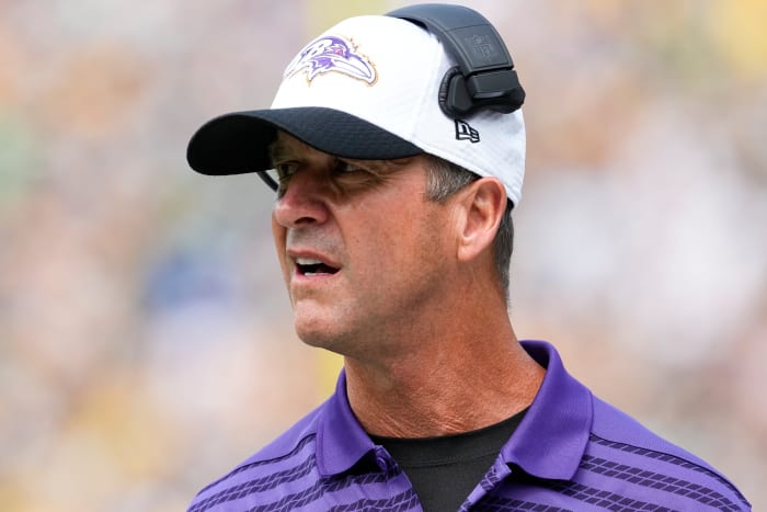 Aug 24, 2024; Green Bay, Wisconsin, USA; Baltimore Ravens head coach John Harbaugh looks on during the first quarter against the Green Bay Packers at Lambeau Field. Mandatory Credit: Jeff Hanisch-Imagn Images