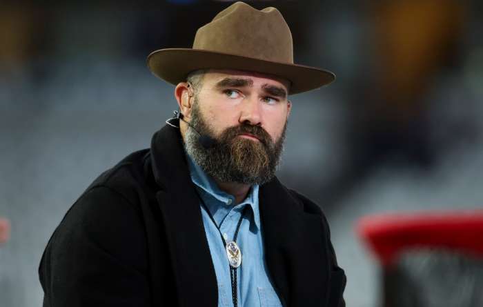 ESPN personality and former Philadelphia Eagles center Jason Kelce on set before the game between the Dallas Cowboys and Houston Texans at AT&T Stadium. Mandatory Credit: Kevin Jairaj-Imagn Images