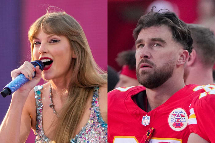 Recording artist Taylor Swift (left) and Kansas City Chiefs tight end Travis Kelce (right).