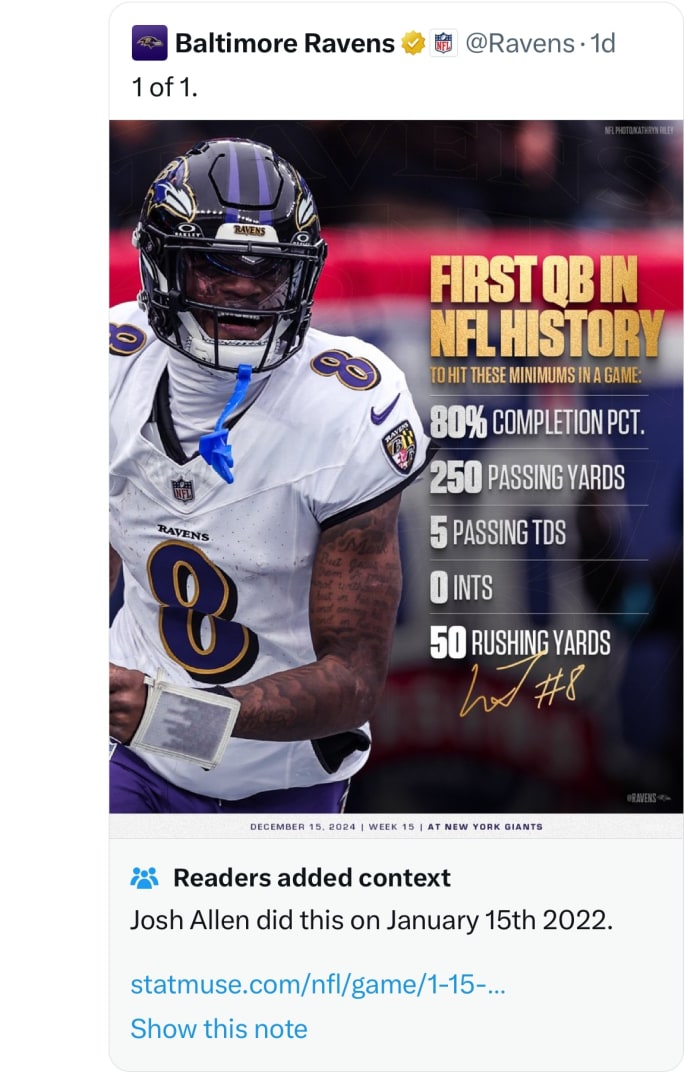 Ravens forgot about Bills quarterback Josh Allen before posting this Lamar Jackson announcement on Dec. 16, 2024.