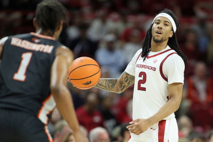Arkansas Razorbacks guard Boogie Fland (2) during the second half against the Pacific Tigers at Bud Walton Arena.