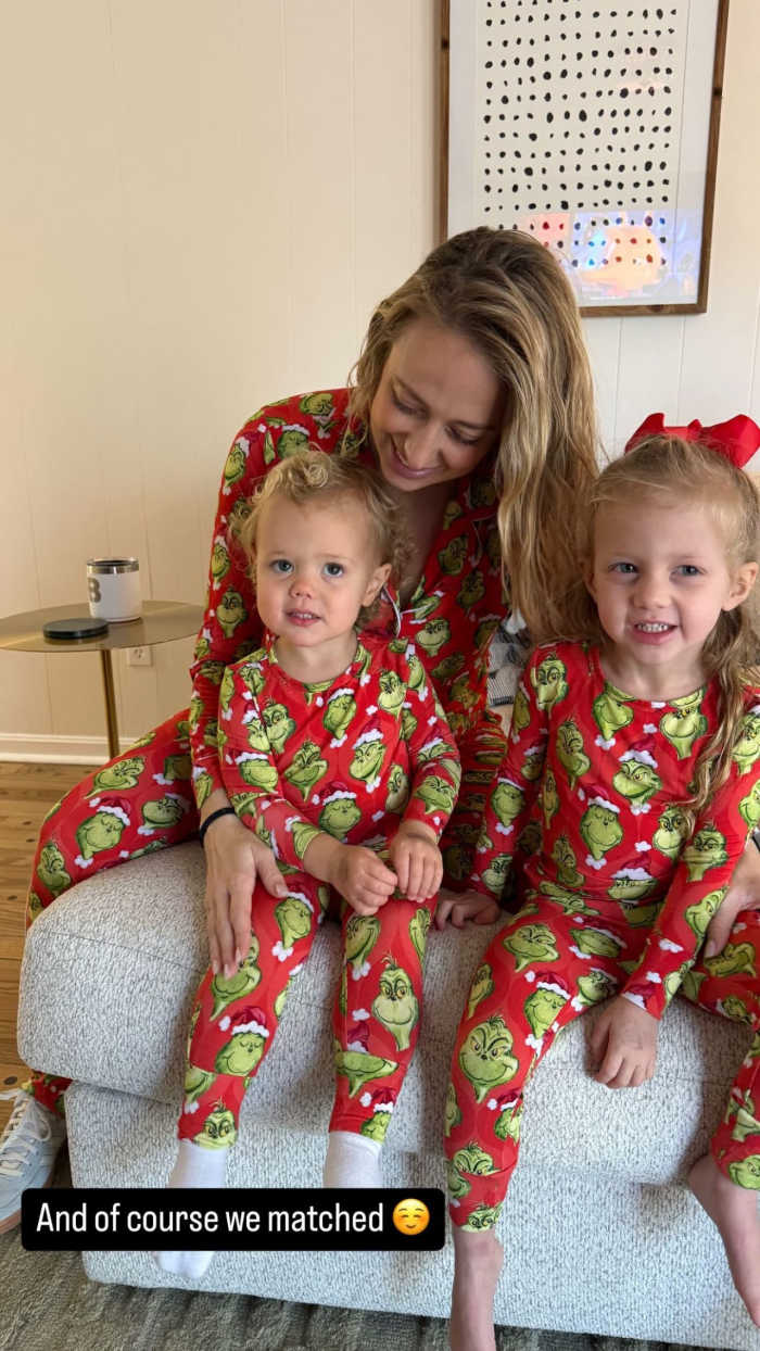 Brittany Mahomes (back), Bronze Mahomes (left) and Sterling Mahomes (right) wear matching pajamas at a Christmas party.