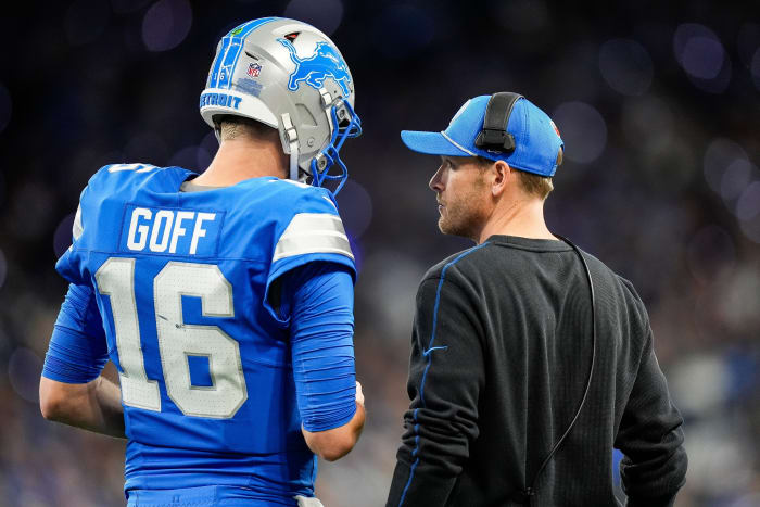 Detroit Lions quarterback Jared Goff, offensive coordinator Ben Johnson
