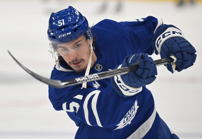 Toronto Maple Leafs defenseman Phillipe Myers (51) warms up.