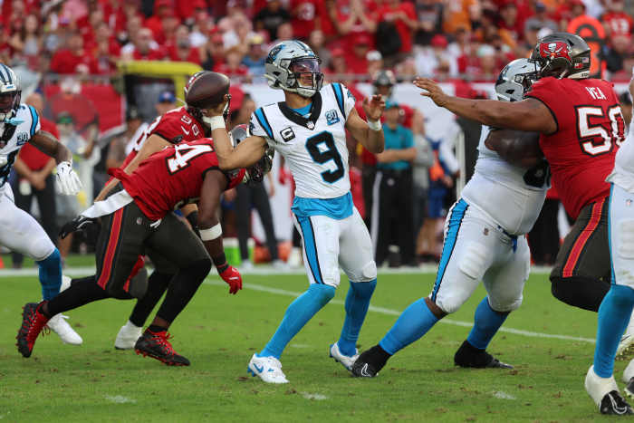 Carolina Panthers quarterback Bryce Young (9) throws the ball against the Tampa Bay Buccaneers during the second half at Raymond James Stadium.