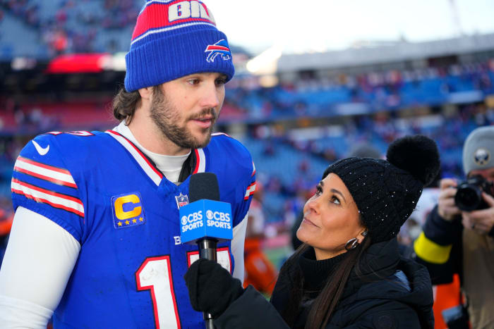 CBS Sports field reporter Tracy Wolfson interviews Buffalo Bills quarterback Josh Allen (17).