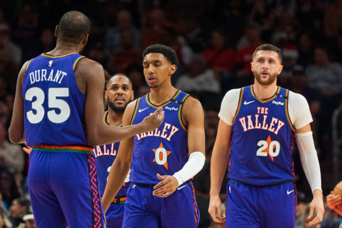 Phoenix Suns forward Kevin Durant (35) with teammates forward Ryan Dunn (0), center Jusuf Nurkic (20) and point guard Monte Morris (23) in the second half during a game against the Portland Trail Blazers at Footprint Center. Mandatory Credit: Allan Henry-