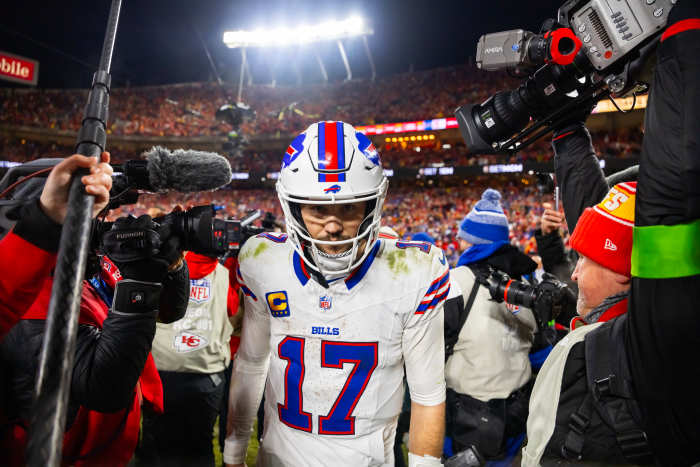 Buffalo Bills quarterback Josh Allen (17) reacts as he walks off the field after losing to the Kansas City Chiefs.