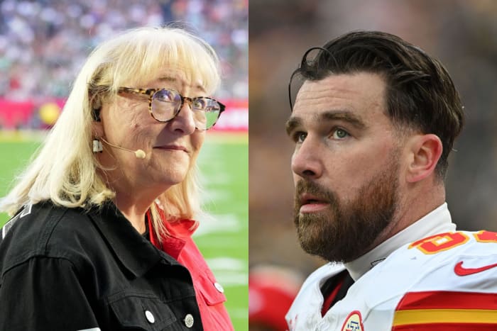 Donna Kelce (left), mother to Kansas City Chiefs tight end Travis Kelce (right).