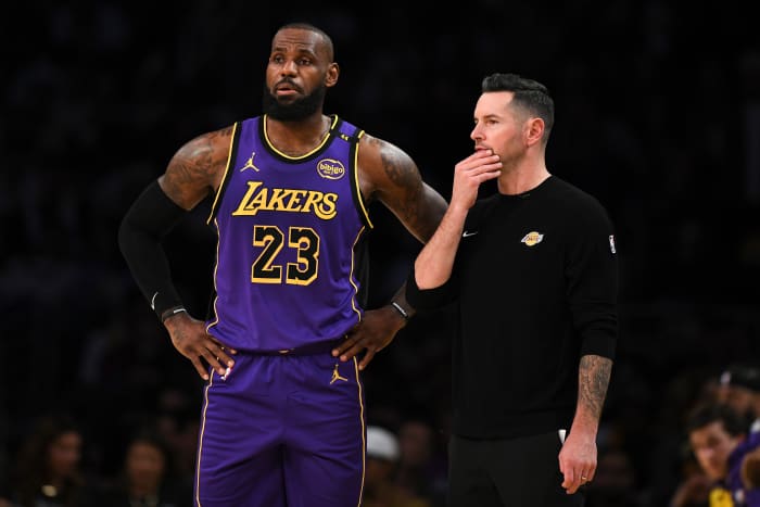 Los Angeles Lakers forward LeBron James and coach JJ Redick