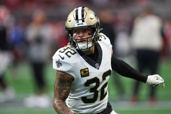 New Orleans Saints safety Tyrann Mathieu prepares for a game against the Atlanta Falcons at Mercedes-Benz Stadium on Sept. 29, 2024.
