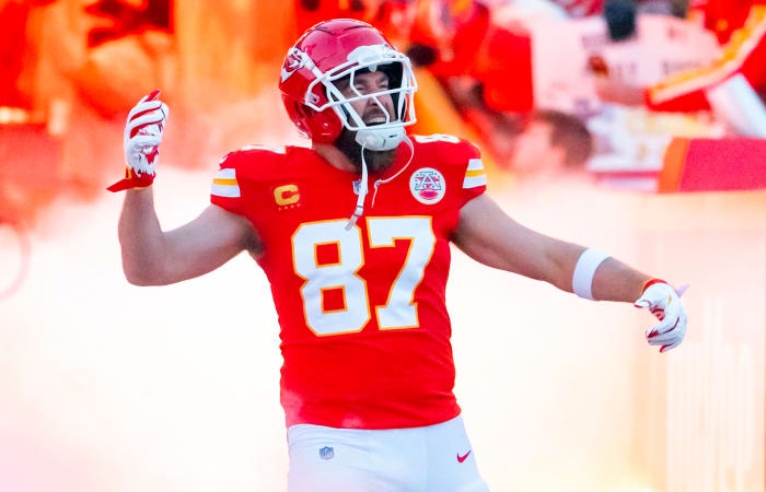 Kansas City Chiefs tight end Travis Kelce reacts against the Buffalo Bills during the AFC Championship game at Arrowhead Stadium.