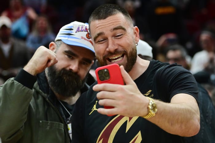 Former Philadelphia Eagles center Jason Kelce and Kansas City Chiefs tight end Travis Kelce.