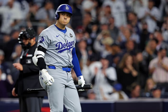 Los Angeles Dodgers two-way player Shohei Ohtani making a face.