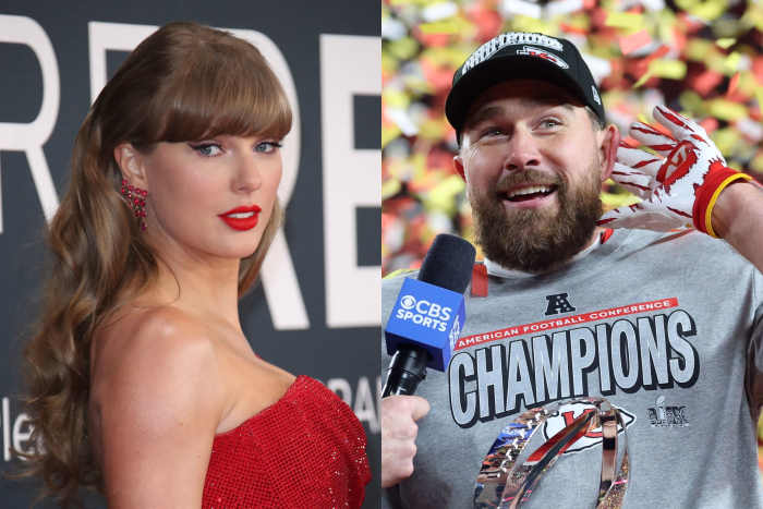 Recording artist Taylor Swift (left) and Kansas City Chiefs tight end Travis Kelce (right).