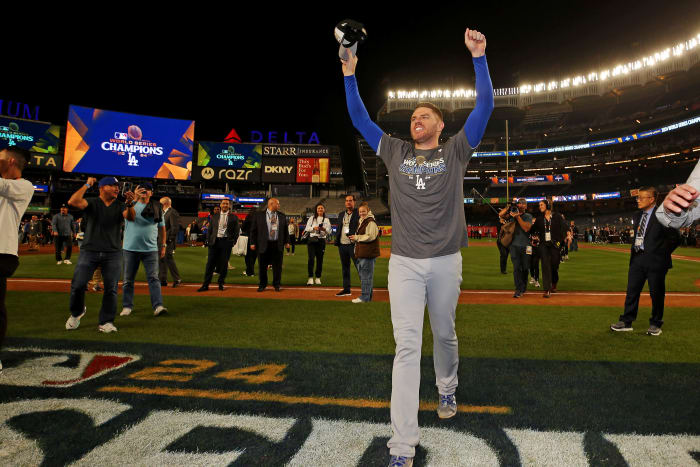 Los Angeles Dodgers first baseman Freddie Freeman celebrating.